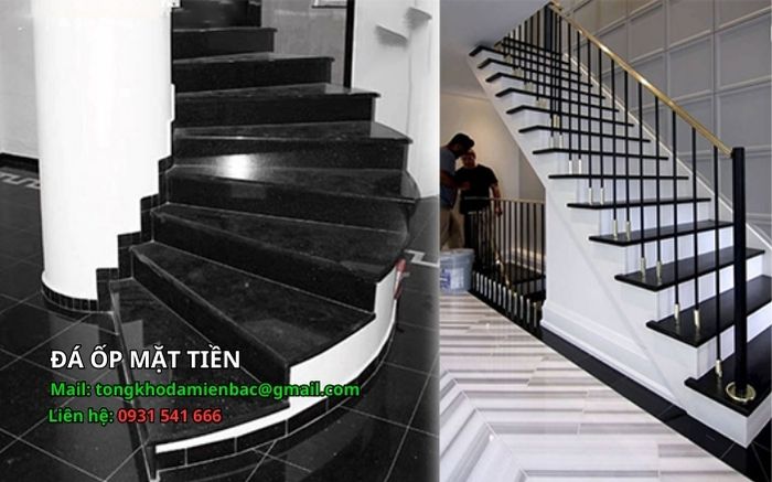 Cầu thang xoáy ốp đá kim sa cổ trắng nhập khẩu Ấn Độ nền đen hạt ánh kim, tay vịn sắt sơn đen