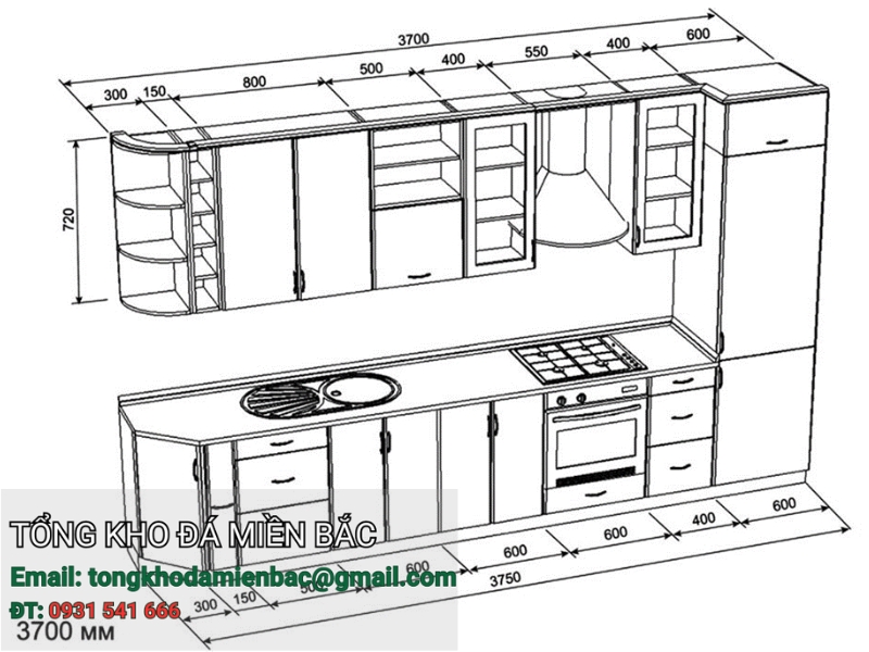 Kích thước bàn bếp chữ I chuẩn