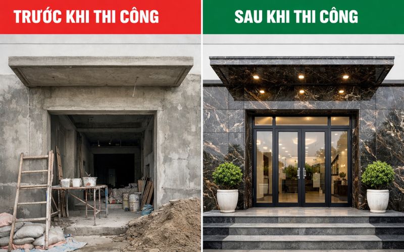 Đá ốp mặt tiền hình ảnh trước và sau khi thi công