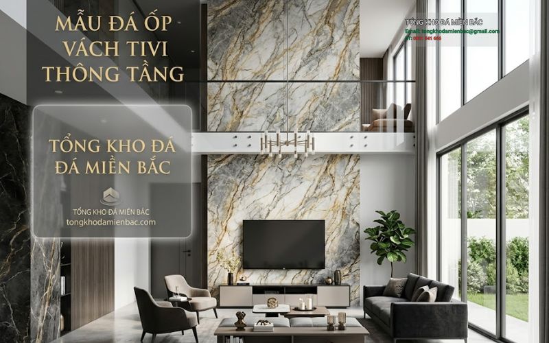 Mẫu đá ốp vách tivi thông tầng đẹp, sang, dễ chọn thực tế 1 - Tổng Kho Đá Mẫu đá ốp vách tivi thông tầng