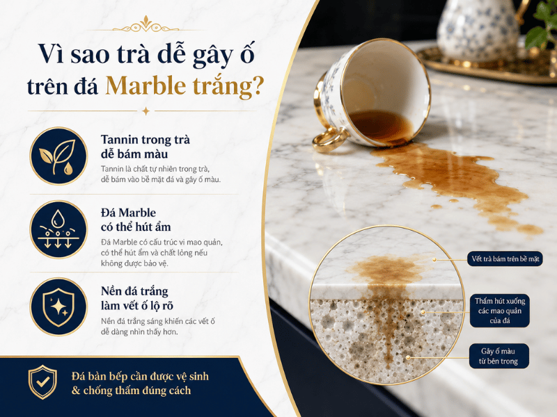 Cách xử lý vết ố trà trên đá Marble trắng đúng cách, hạn chế loang màu 1 - Tổng Kho Đá Cách xử lý vết ố trà trên đá Marble trắng đúng cách, hạn chế loang màu