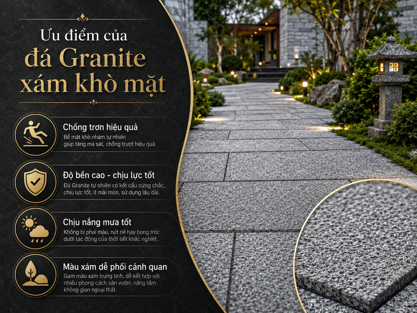Ưu điểm, ứng dụng của đá Granite xám khò mặt chống trơn sân vườn 1 - Tổng Kho Đá Ưu điểm, ứng dụng của đá Granite xám khò mặt chống trơn sân vườn