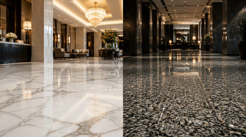 Đá lát sảnh khách sạn: Bảng giá & Mẫu đẹp nhất 2026 2 - Tổng Kho Đá Nên chọn đá Marble hay Granite làm đá lát sảnh khách sạn?