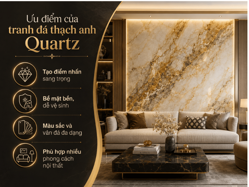 Có nên ốp Tranh đá thạch anh Quartz cho vách sau sofa không?