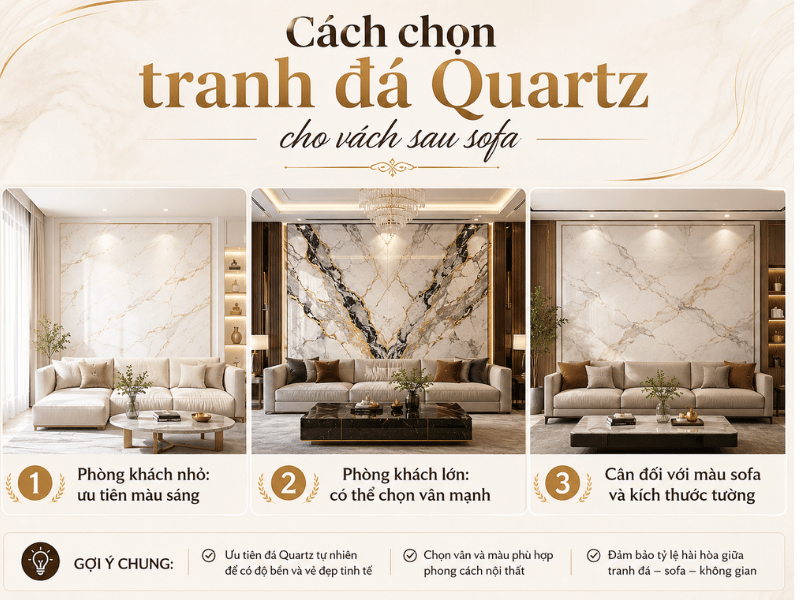 Có nên ốp Tranh đá thạch anh Quartz cho vách sau sofa không?