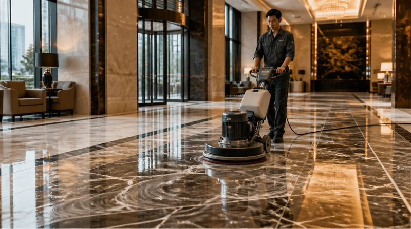 Cách đánh bóng đá marble bị xỉn màu sáng bóng như mới đơn giản tại nhà 4 - Tổng Kho Đá Quy trình mài sàn đá marble chuyên nghiệp (Dành cho diện tích lớn)