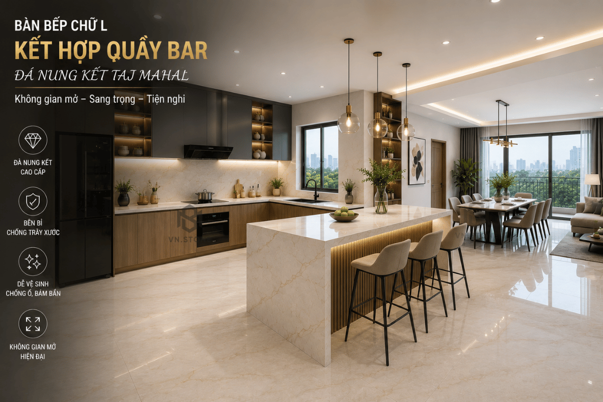 Bàn Bếp Kết Hợp Quầy Bar Đẹp | Mẫu Thiết Kế Hiện Đại, Đá Bàn Bếp Cao Cấp 2 - Tổng Kho Đá Bàn bếp chữ L kết hợp quầy bar trong căn hộ hiện đại