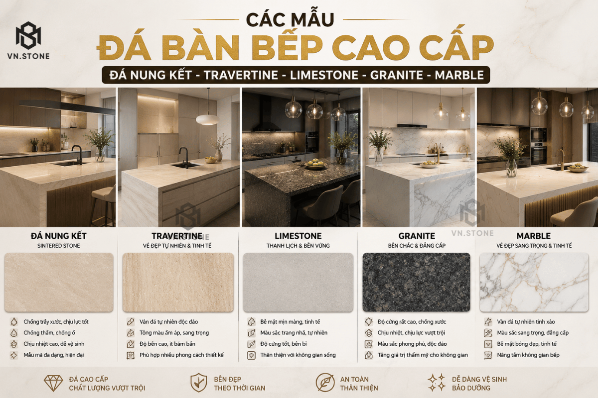 Bàn Bếp Kết Hợp Quầy Bar Đẹp | Mẫu Thiết Kế Hiện Đại, Đá Bàn Bếp Cao Cấp 3 - Tổng Kho Đá Các mẫu đá bàn bếp cao cấp gồm đá nung kết Travertine Limestone Granite Marble