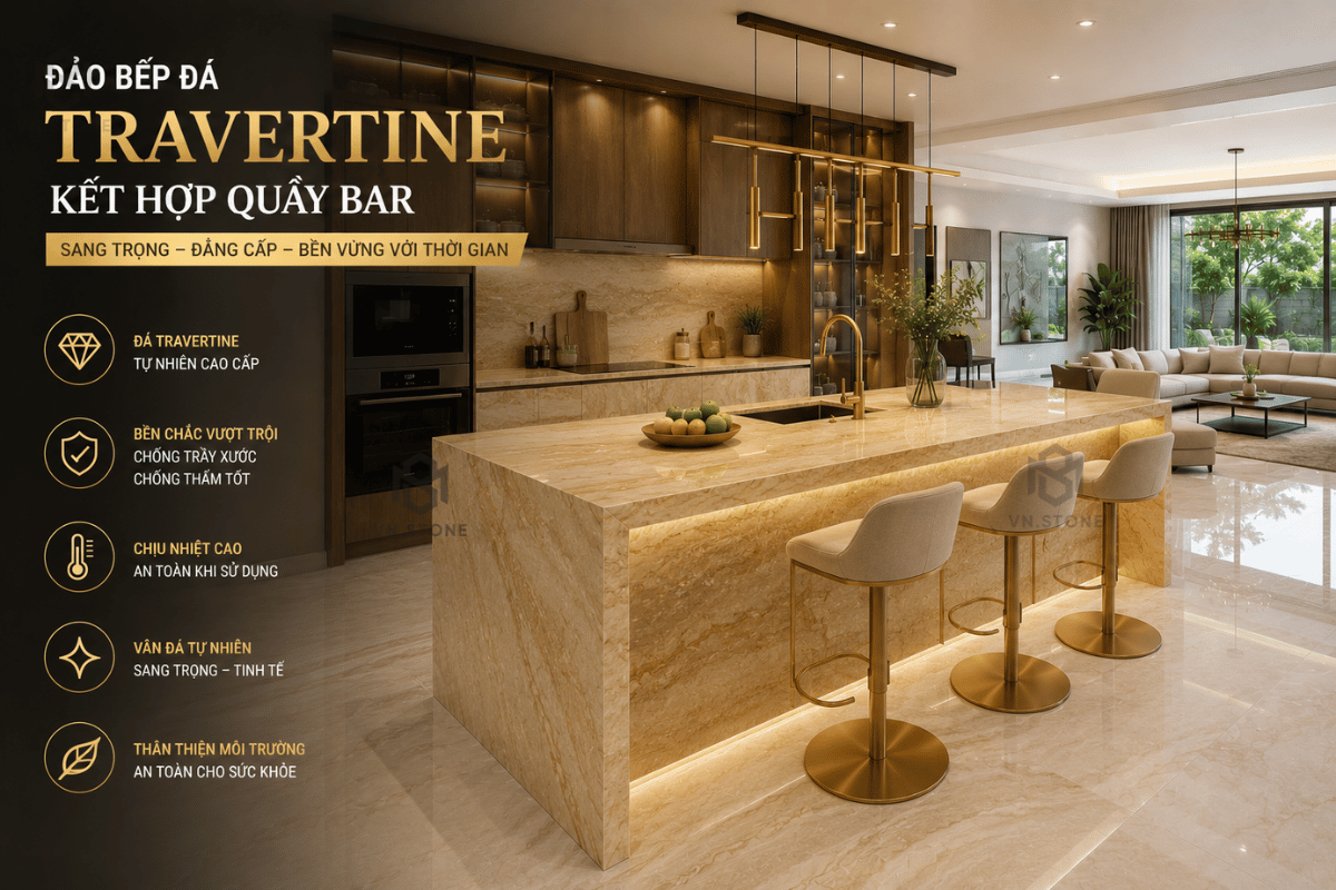 Bàn Bếp Kết Hợp Quầy Bar Đẹp | Mẫu Thiết Kế Hiện Đại, Đá Bàn Bếp Cao Cấp 5 - Tổng Kho Đá Đảo bếp đá Travertine kết hợp quầy bar sang trọng
