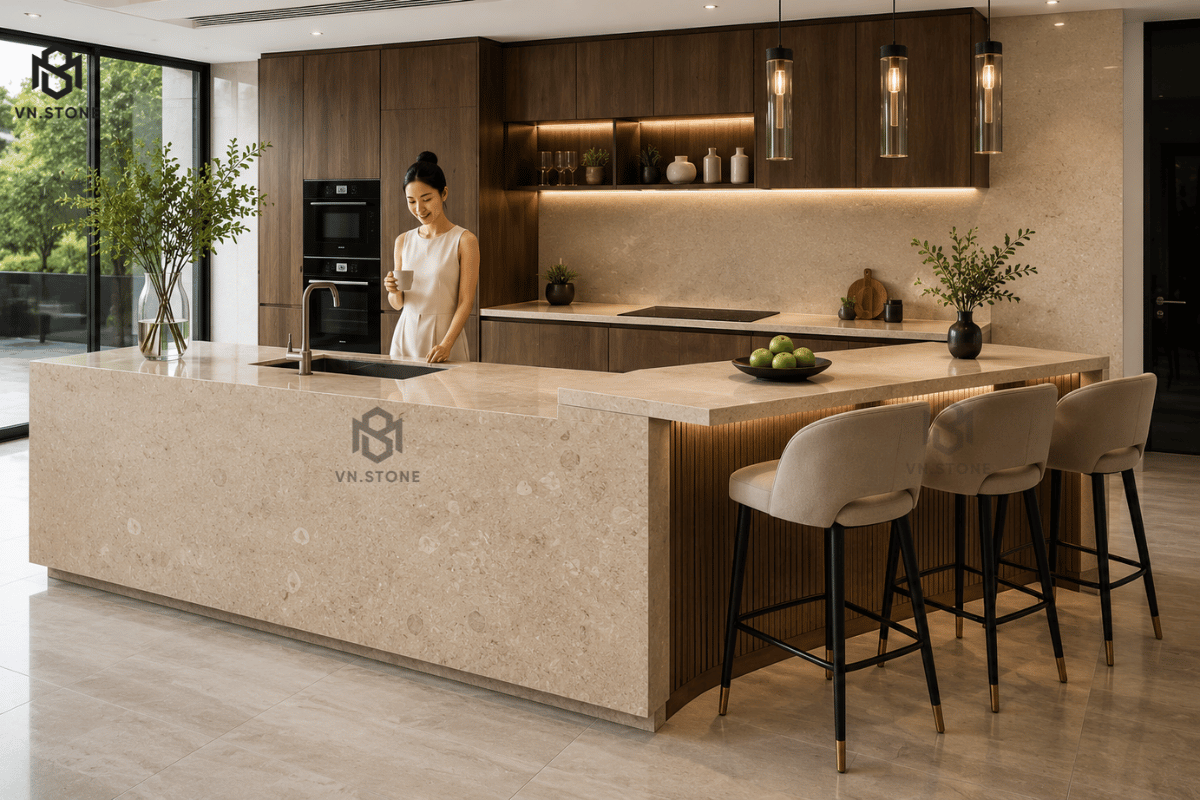 Bàn Bếp Kết Hợp Quầy Bar Đẹp | Mẫu Thiết Kế Hiện Đại, Đá Bàn Bếp Cao Cấp 6 - Tổng Kho Đá Bàn bếp đá Limestone màu be kết hợp quầy bar hiện đại