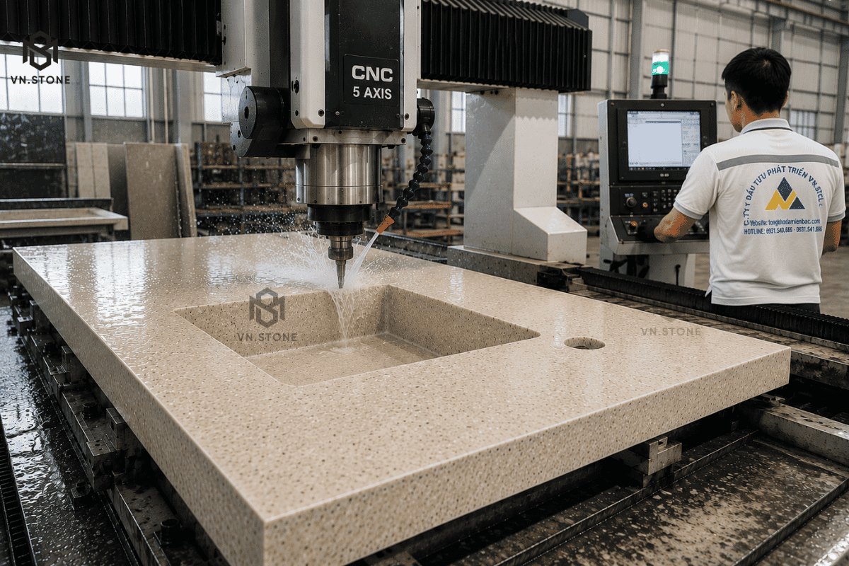 Bàn Bếp Kết Hợp Quầy Bar Đẹp | Mẫu Thiết Kế Hiện Đại, Đá Bàn Bếp Cao Cấp 7 - Tổng Kho Đá Gia công đá bàn bếp bằng máy CNC hiện đại