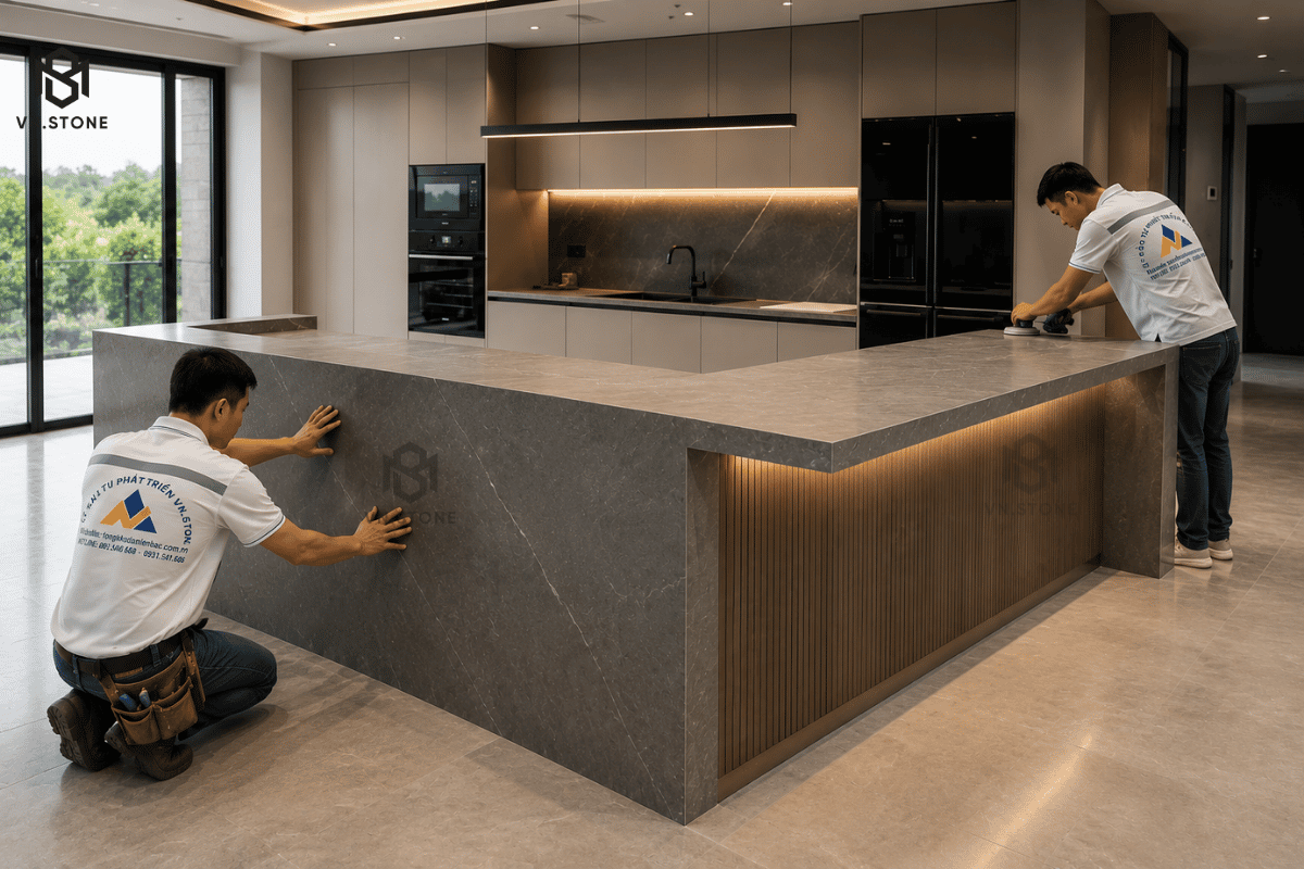 Bàn Bếp Kết Hợp Quầy Bar Đẹp | Mẫu Thiết Kế Hiện Đại, Đá Bàn Bếp Cao Cấp 8 - Tổng Kho Đá Thi công bàn bếp kết hợp quầy bar bằng đá nung kết