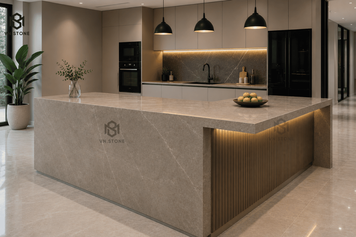 Bàn Bếp Kết Hợp Quầy Bar Đẹp | Mẫu Thiết Kế Hiện Đại, Đá Bàn Bếp Cao Cấp 9 - Tổng Kho Đá Hoàn thiện bàn bếp kết hợp quầy bar tại Tổng Kho Đá Miền Bắc