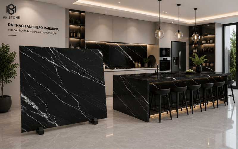 Đá Thạch Anh Đen Làm Bàn Bếp Nero Marquina