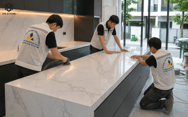 Thi công đá bàn bếp thạch anh Calacatta nhà phố hiện đại tại Hà Nội