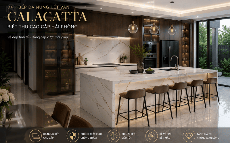 Bàn bếp đá nung kết vân Calacatta biệt thự cao cấp Hải Phòng