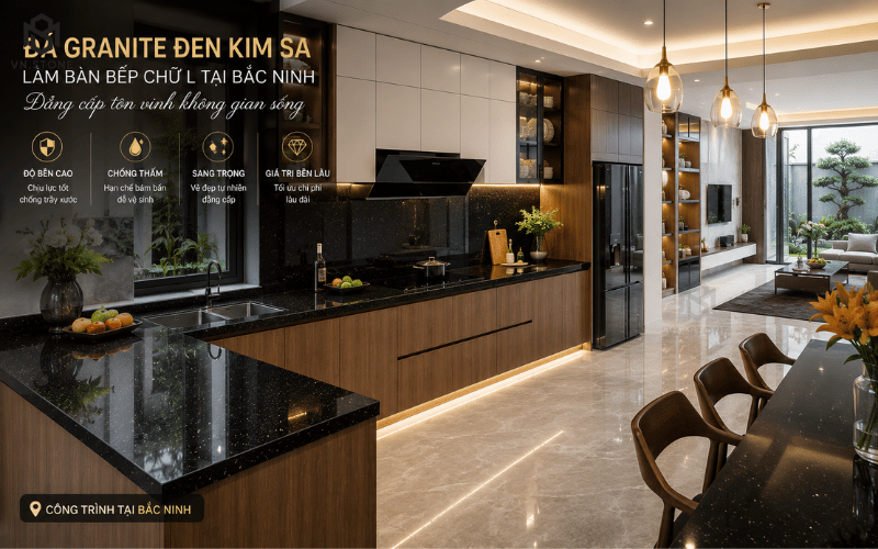 Đá Granite đen kim sa làm bàn bếp chữ L tại Bắc Ninh