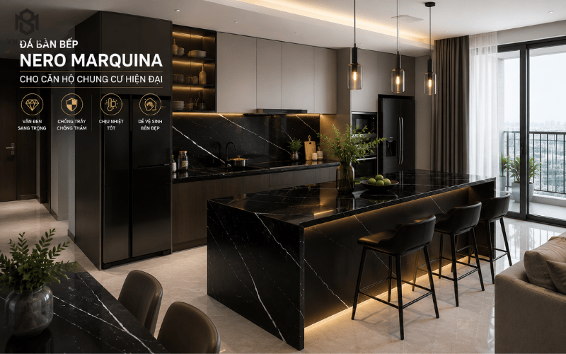 Đá bàn bếp Nero Marquina cho căn hộ chung cư hiện đại