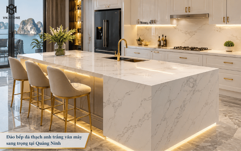 Đảo bếp đá thạch anh trắng vân mây sang trọng tại Quảng Ninh