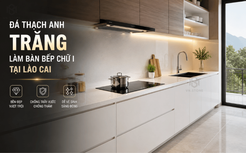 Đá thạch anh trắng làm bàn bếp chữ I