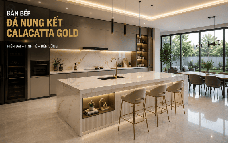 Đá nung kết Calacatta Gold làm bàn bếp