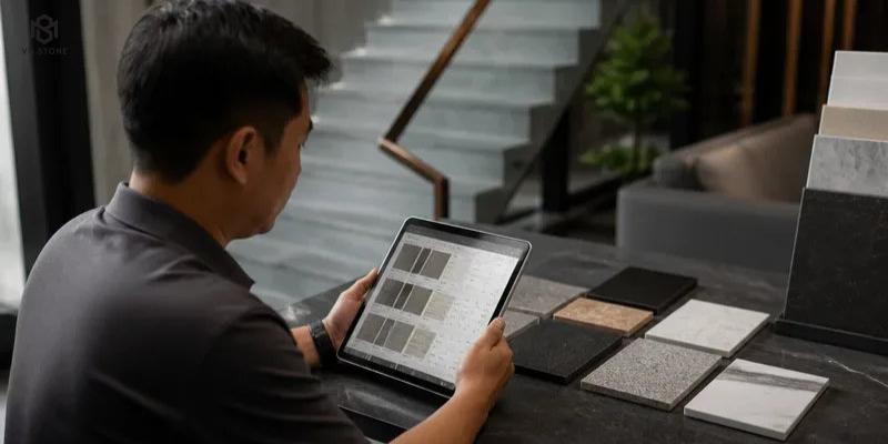 Đá cầu thang nhà ống: chọn màu, kích thước, giá và cách thi công 3 - Tổng Kho Đá Đo và căn chỉnh mặt bậc đá tại công trình cầu thang nhà ống trước khi lên keo