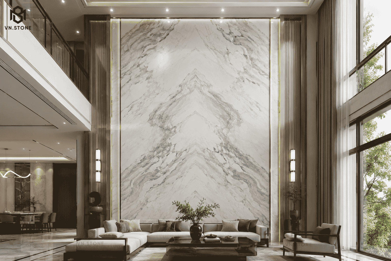 Tranh đá thông tầng 32 - Tổng Kho Đá Tranh đá thông tầng Marble Volakas màu trắng xám với đường vân mây tự nhiên