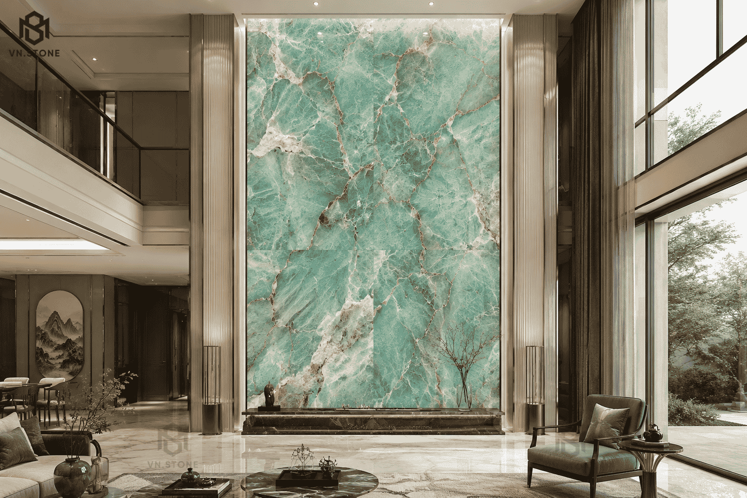 Tranh đá thông tầng 42 - Tổng Kho Đá ranh đá thông tầng Amazonite Quartzite màu xanh ngọc