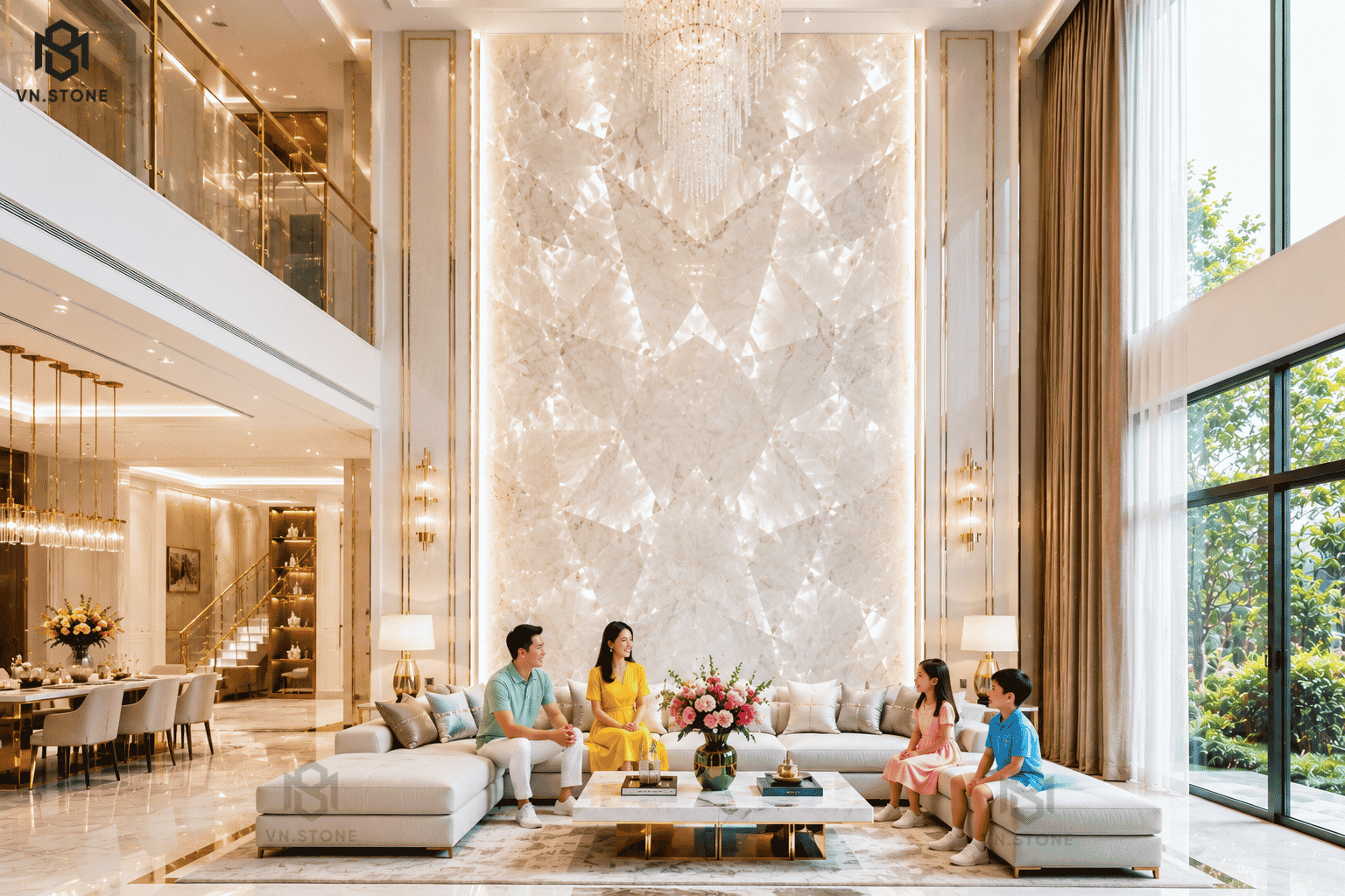 Tranh đá thông tầng 40 - Tổng Kho Đá Tranh đá thông tầng Cristallo Quartzite màu trắng trong tinh thể