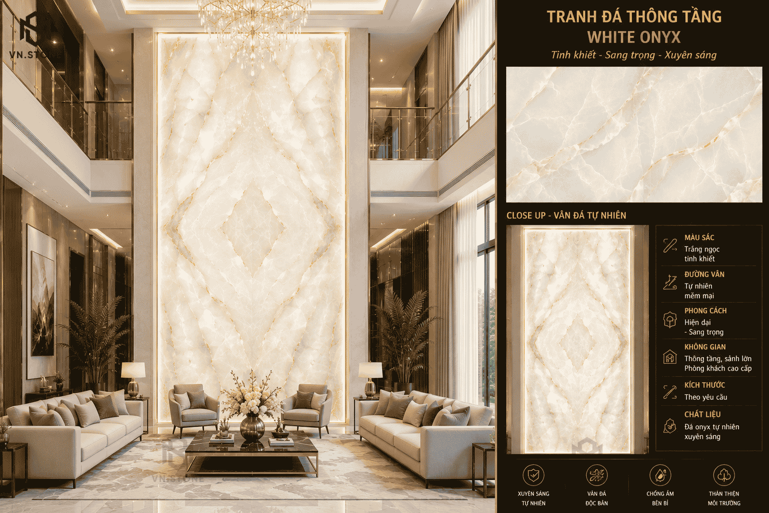 Tranh đá thông tầng 44 - Tổng Kho Đá Tranh đá thông tầng White Onyx màu trắng ngọc với đường vân tự nhiên xuyên sáng