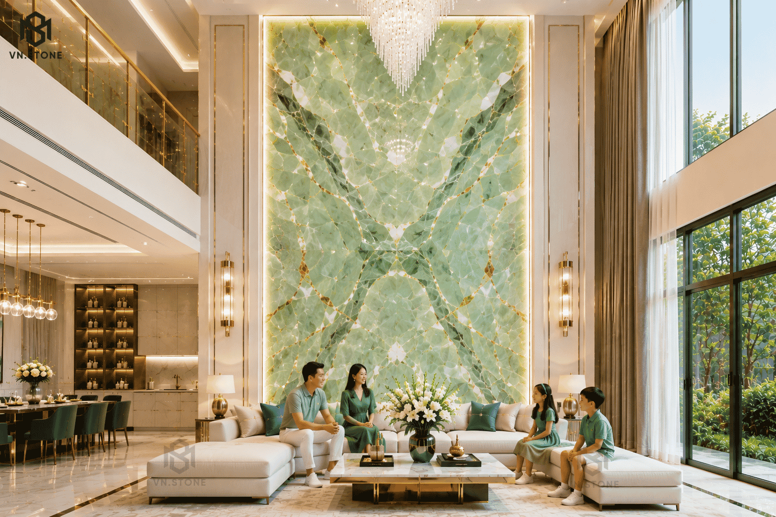 Tranh đá thông tầng 46 - Tổng Kho Đá Tranh đá thông tầng Green Onyx màu xanh ngọc with vân mây tự nhiên
