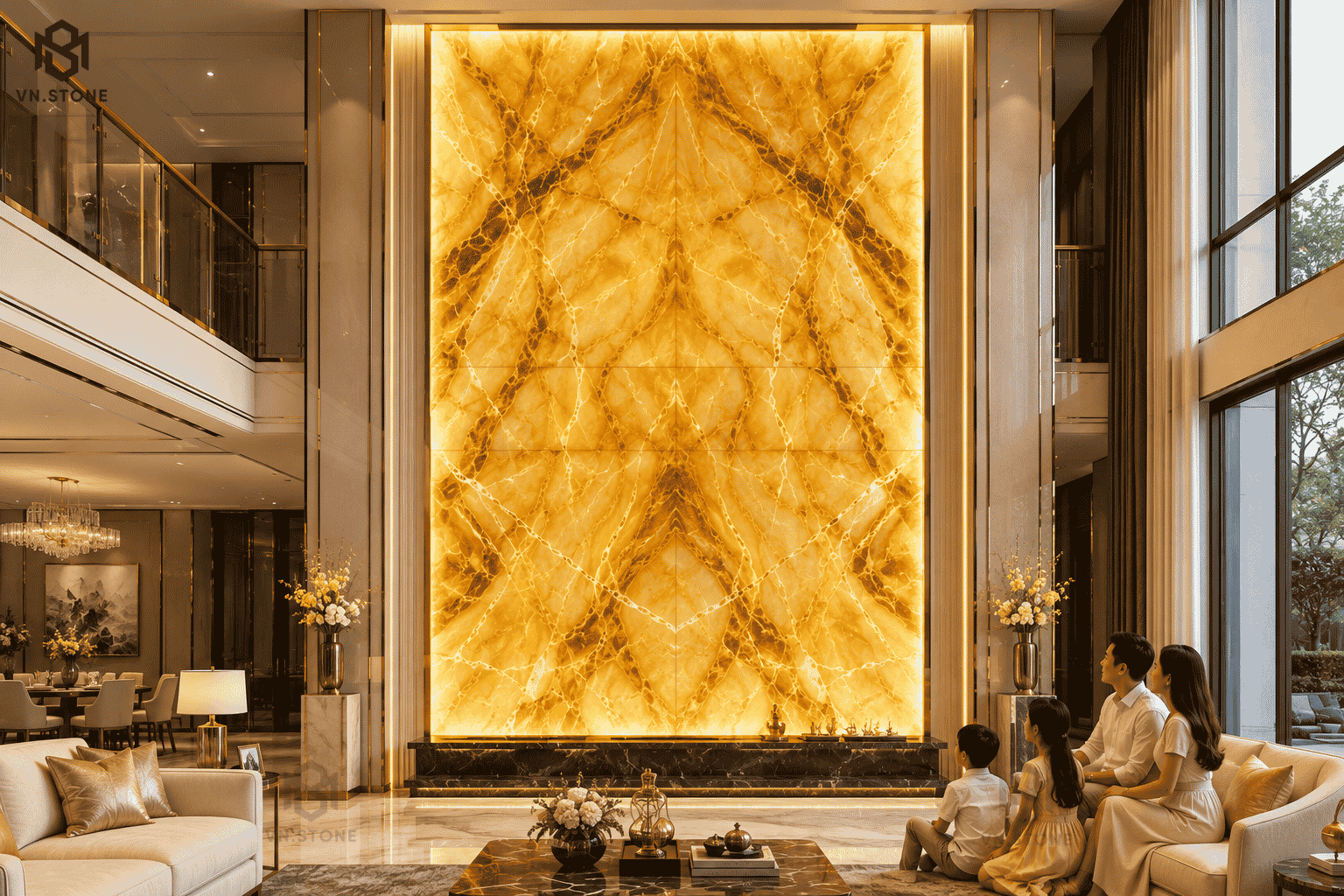 Tranh đá thông tầng 47 - Tổng Kho Đá Tranh đá thông tầng Golden Onyx màu vàng ánh kim sang trọng