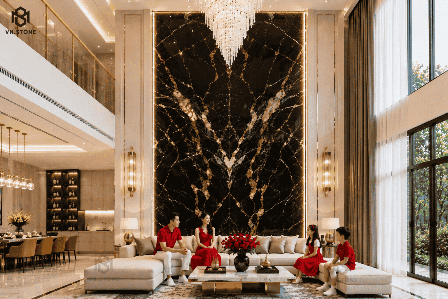 Tranh đá thông tầng 49 - Tổng Kho Đá Tranh đá thông tầng Black Onyx màu đen huyền với vân vàng tự nhiên