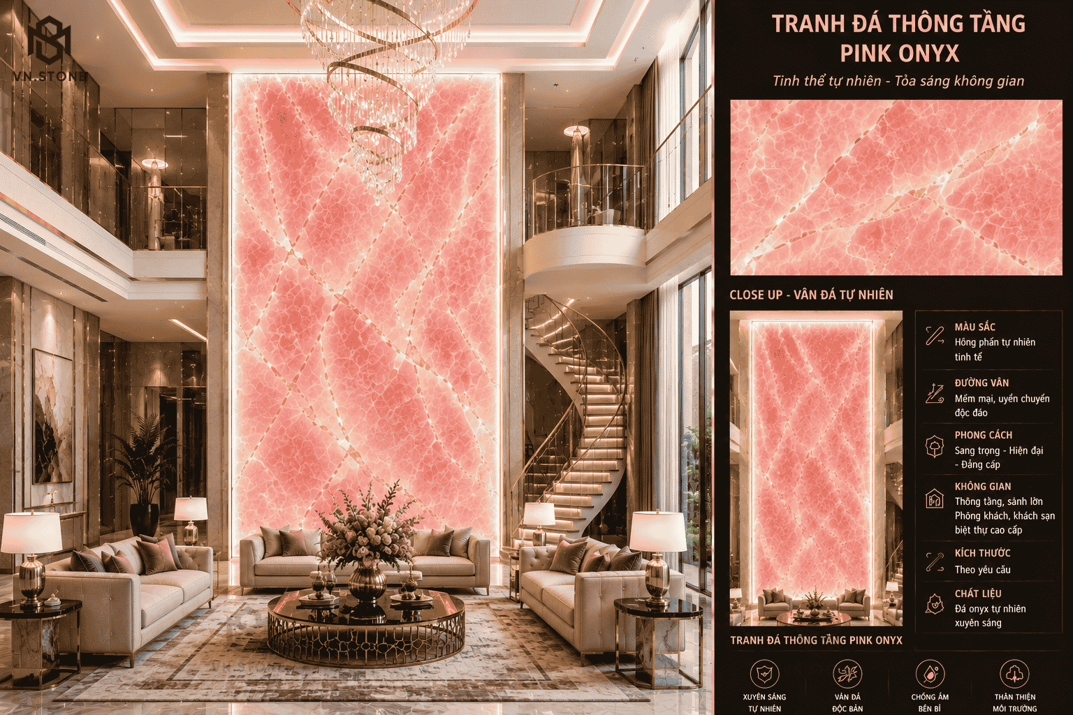 Tranh đá thông tầng 48 - Tổng Kho Đá Tranh đá thông tầng Pink Onyx màu hồng tự nhiên với tinh thể xuyên sáng