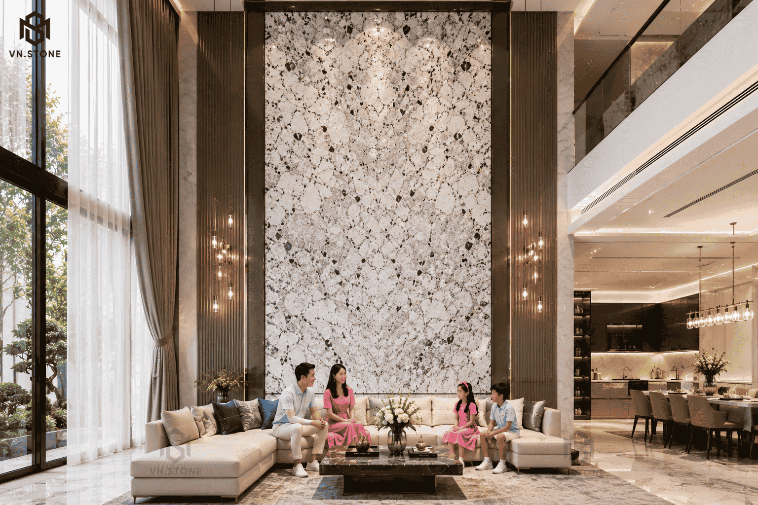 Tranh đá thông tầng 53 - Tổng Kho Đá Tranh đá thông tầng Granite Alaska White màu trắng ghi với tinh thể tự nhiên
