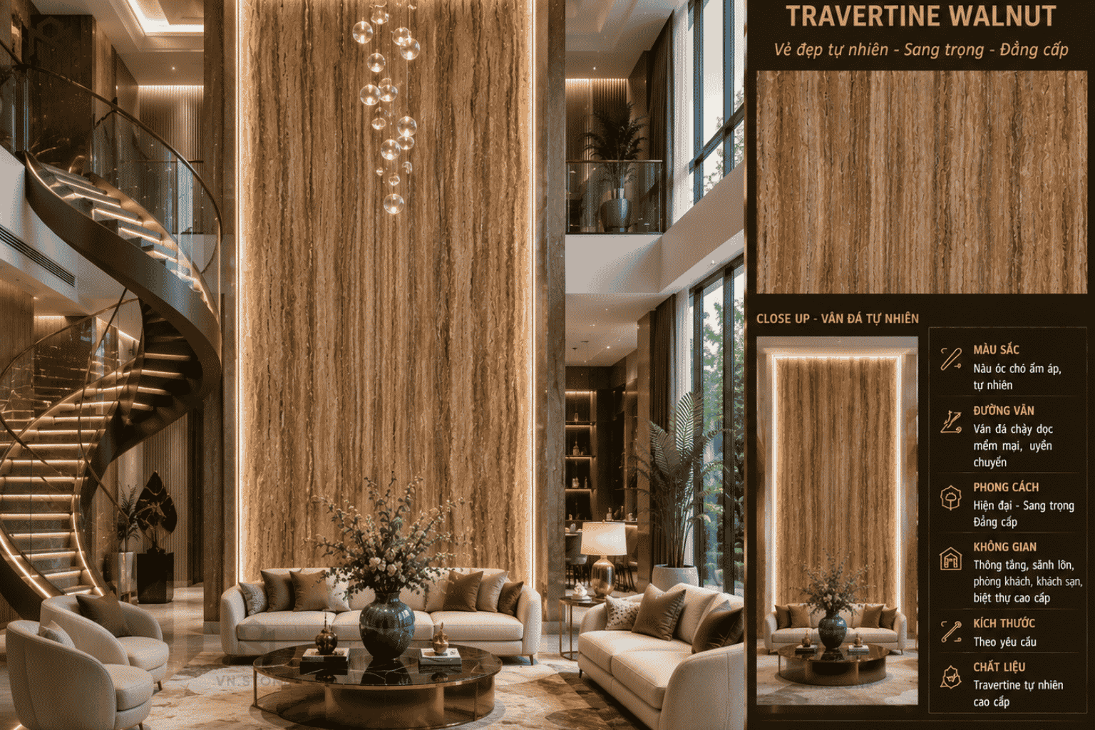 Tranh đá thông tầng 56 - Tổng Kho Đá Tranh đá thông tầng Travertine Walnut màu nâu gỗ tự nhiên