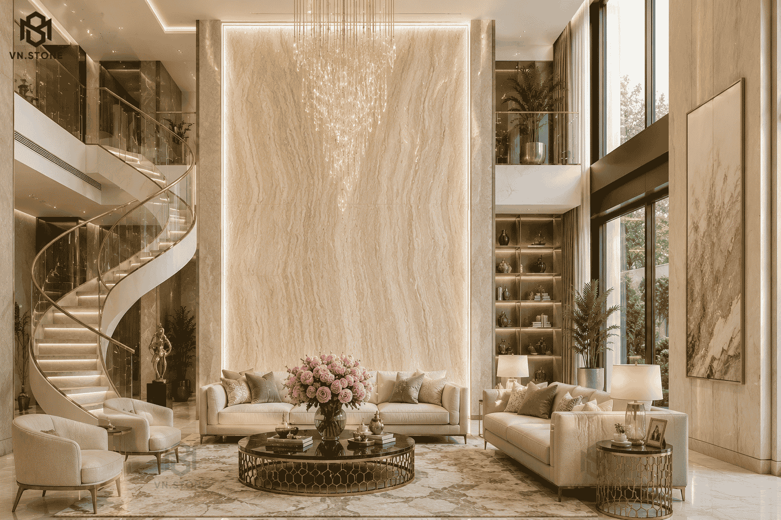 tranh-da-thong-tang (27) Tranh đá thông tầng Limestone Moca Cream màu kem với vân đá mềm mại
