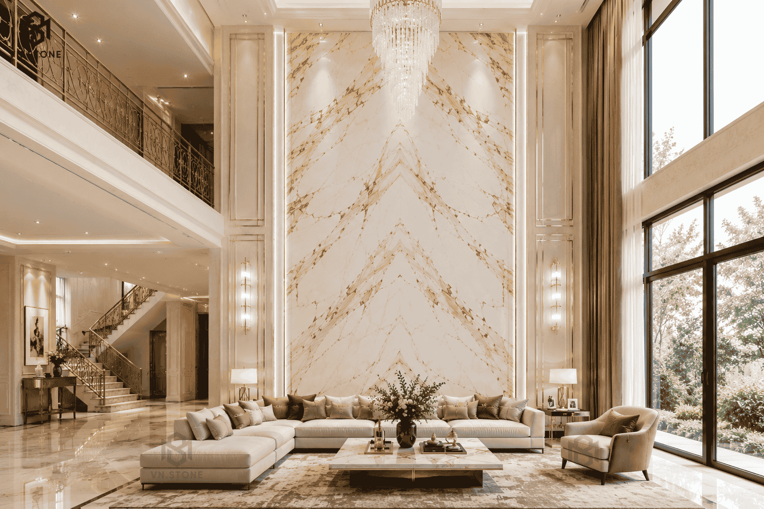 Tranh đá thông tầng 33 - Tổng Kho Đá Tranh đá thông tầng Marble Calacatta Gold nền trắng vân vàng sang trọng