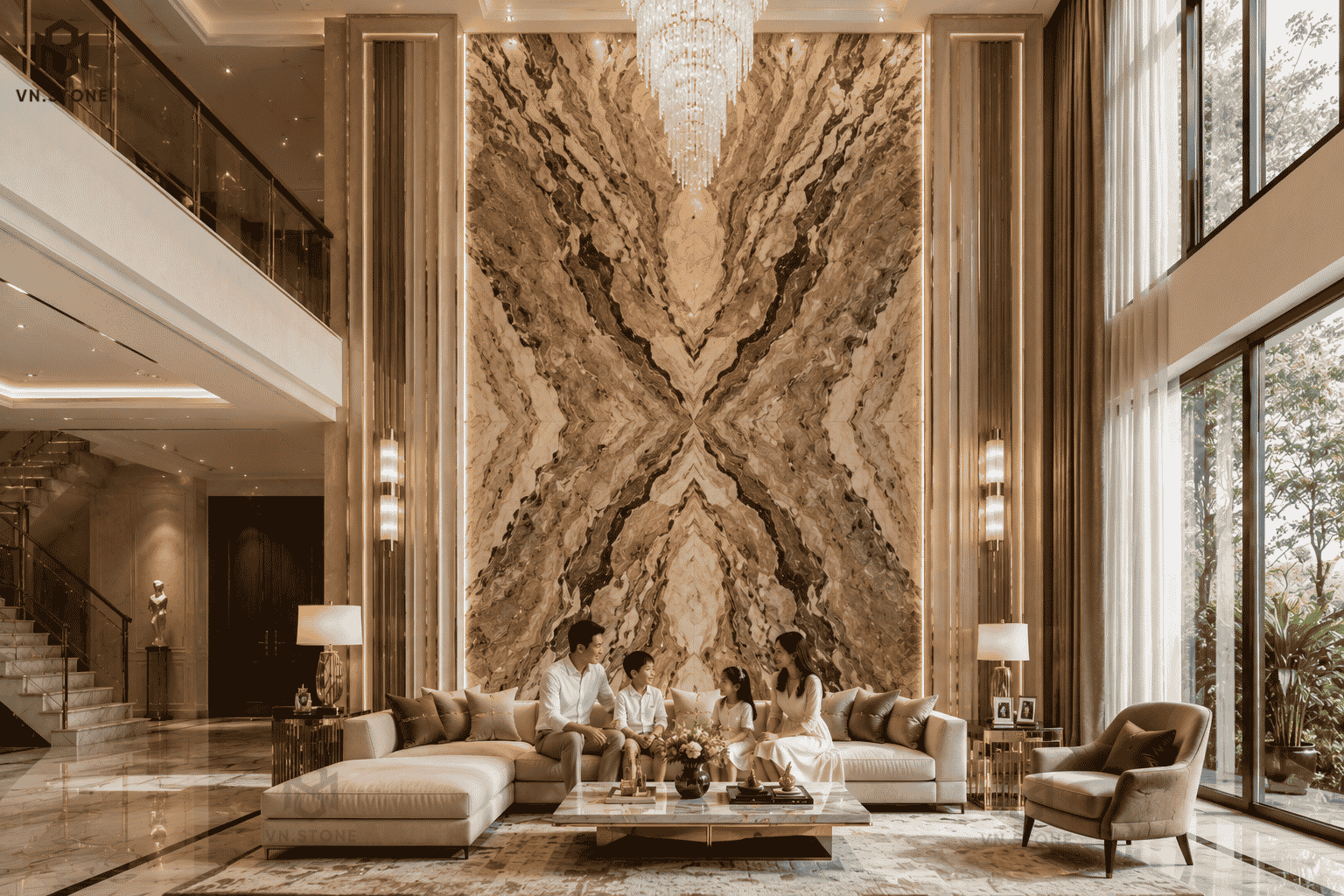 Tranh đá thông tầng 37 - Tổng Kho Đá Tranh đá thông tầng Marble Fantasy Brown màu nâu kem với vân tự nhiên