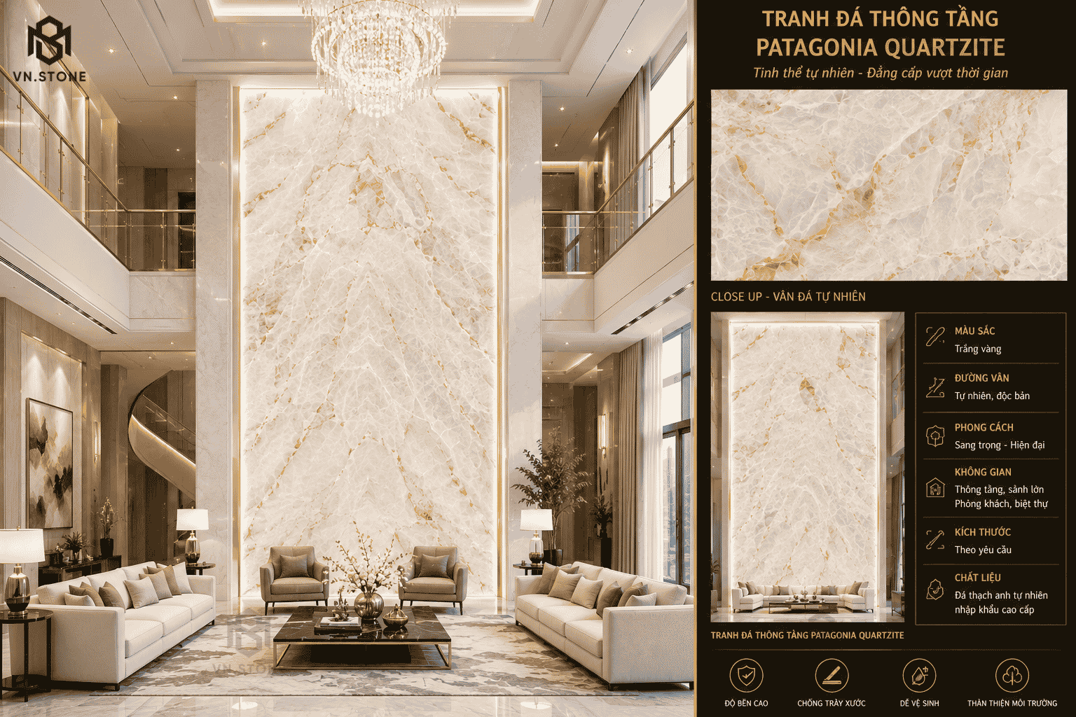 Tranh đá thông tầng 39 - Tổng Kho Đá Tranh đá thông tầng Patagonia Quartzite màu trắng vàng tinh thể tự nhiên