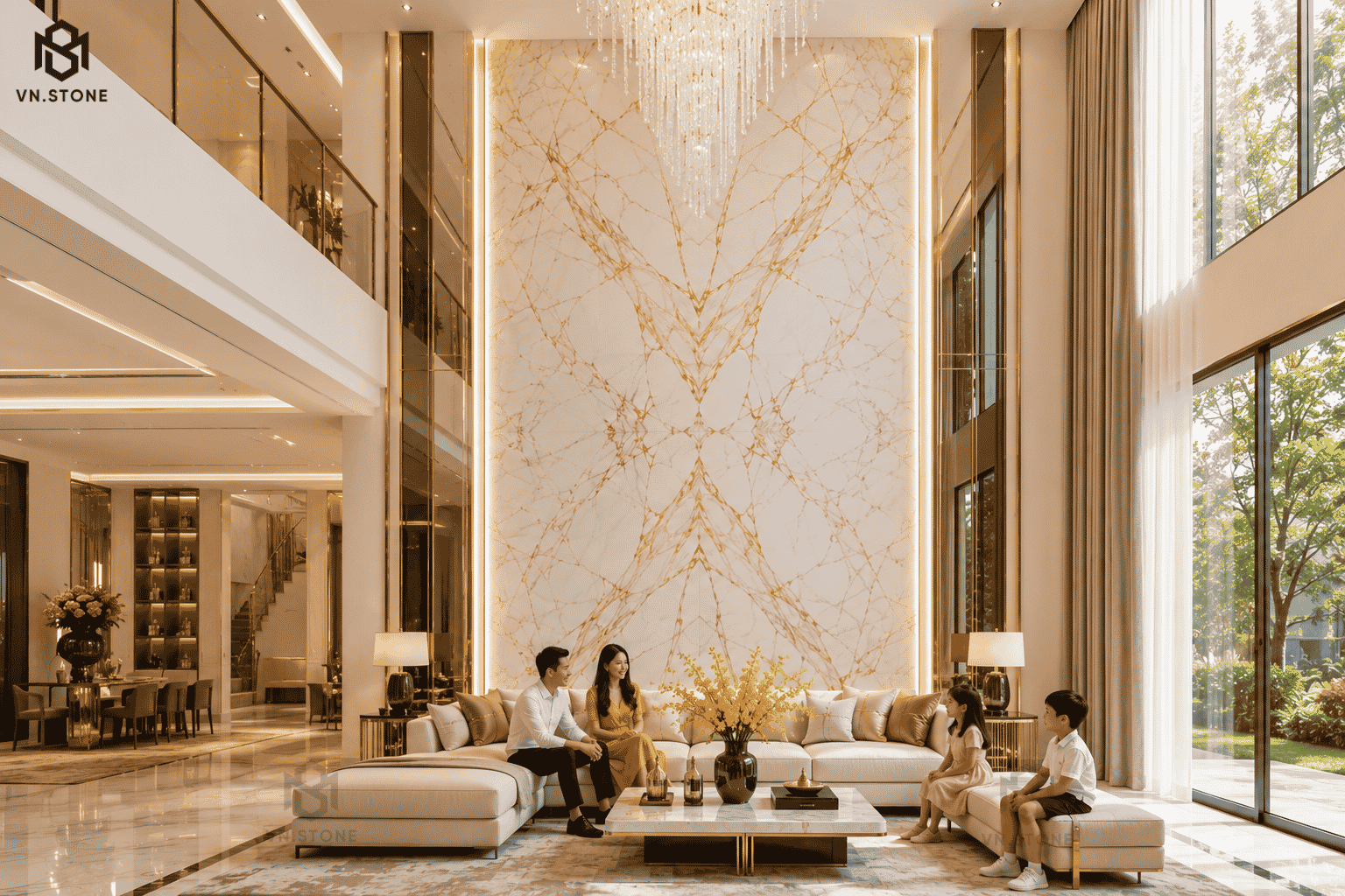 Tranh đá thông tầng 38 - Tổng Kho Đá Tranh đá thông tầng Marble Golden Spider nền trắng với vân vàng tự nhiên