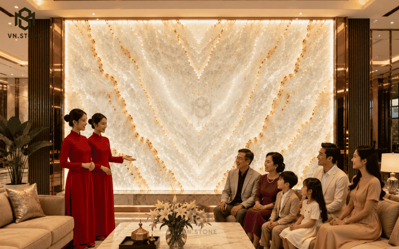 Tranh Đá Xuyên Sáng Crystal White Onyx ghép đối xứng