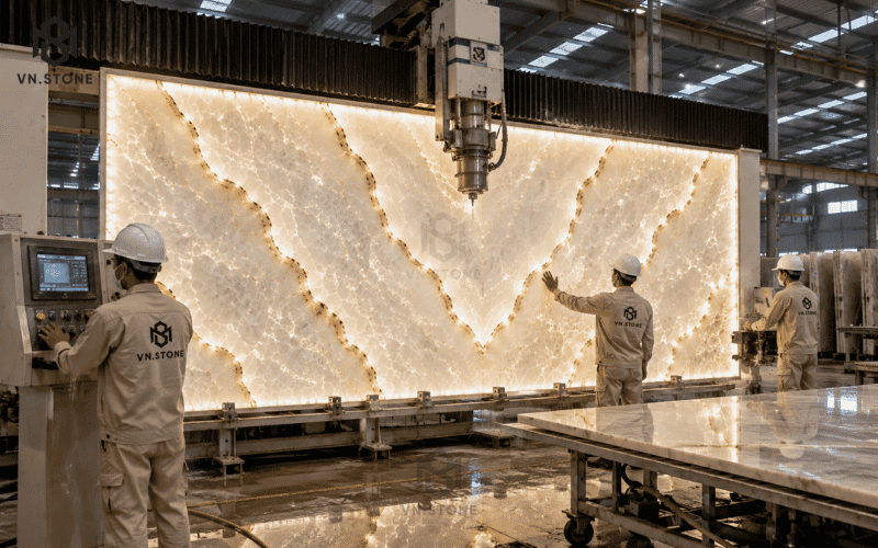 Gia công Tranh Đá Xuyên Sáng Crystal White Onyx