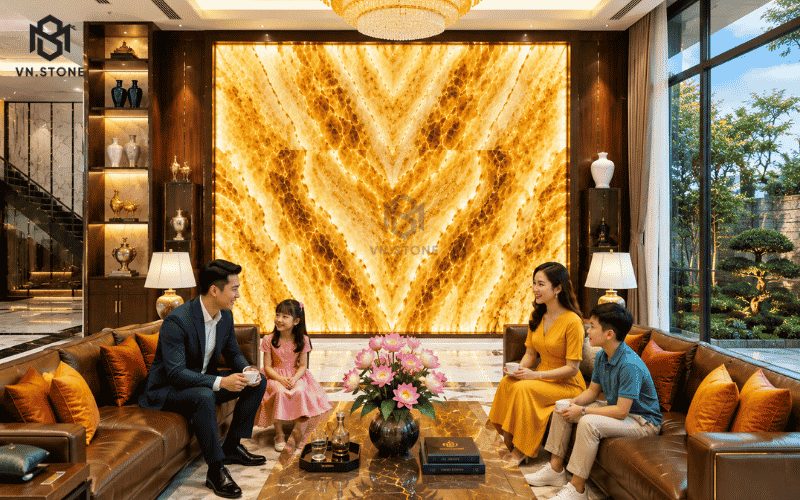 Tranh Đá Xuyên Sáng Golden Onyx 8 - Tổng Kho Đá Tranh Đá Xuyên Sáng Golden Onyx phòng khách biệt thự cao cấp