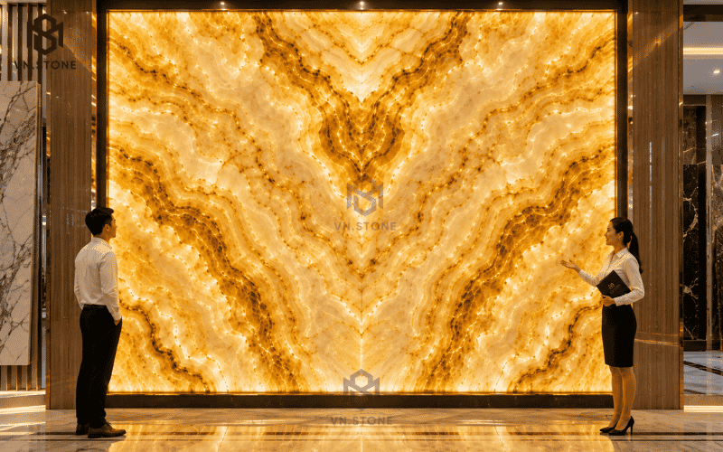 Tranh Đá Xuyên Sáng Golden Onyx 11 - Tổng Kho Đá Tranh Đá Xuyên Sáng Golden Onyx ghép đối xứng Bookmatch