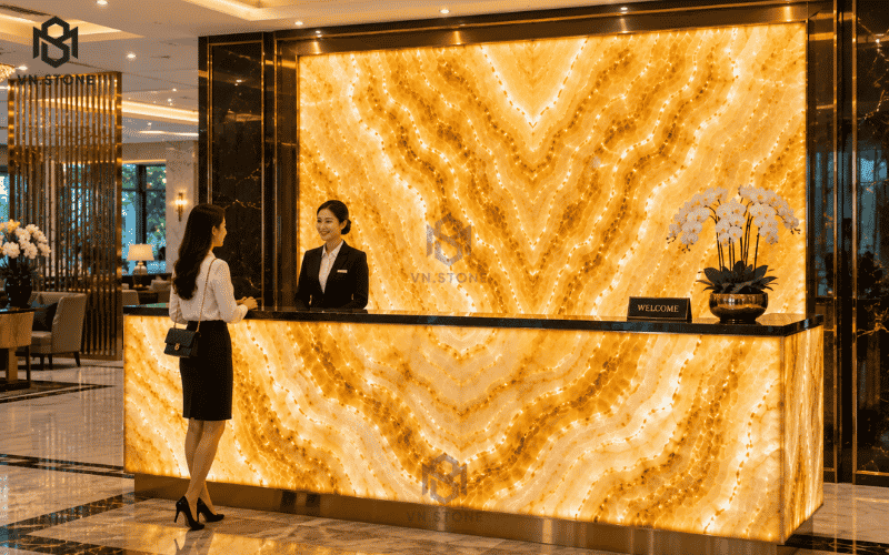 Tranh Đá Xuyên Sáng Golden Onyx 12 - Tổng Kho Đá Tranh Đá Xuyên Sáng Golden Onyx quầy lễ tân